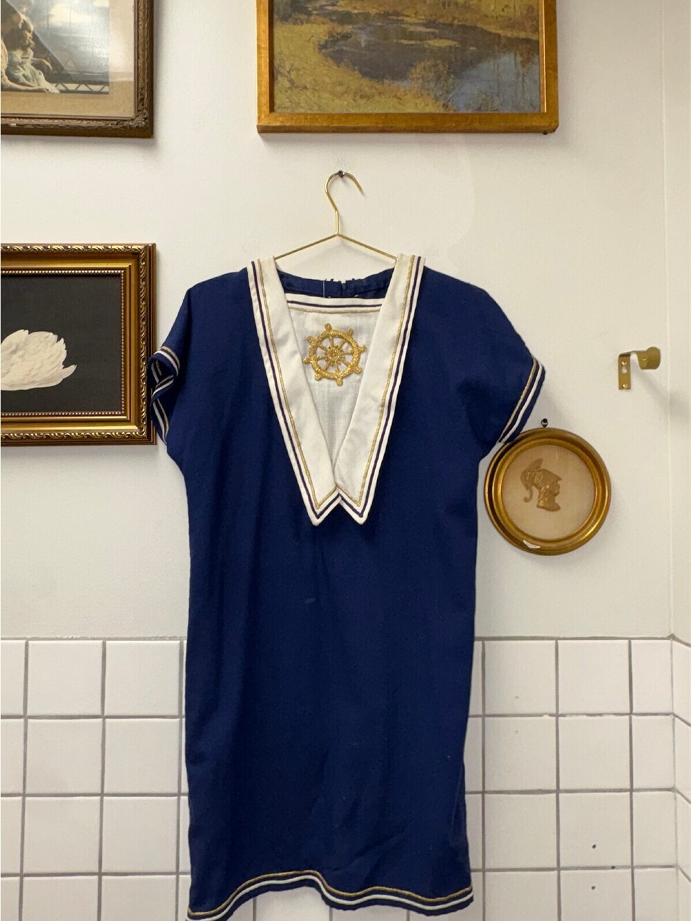 1960s Vintage Navy Blue Mini Sailor Dress with White and Gold Trim